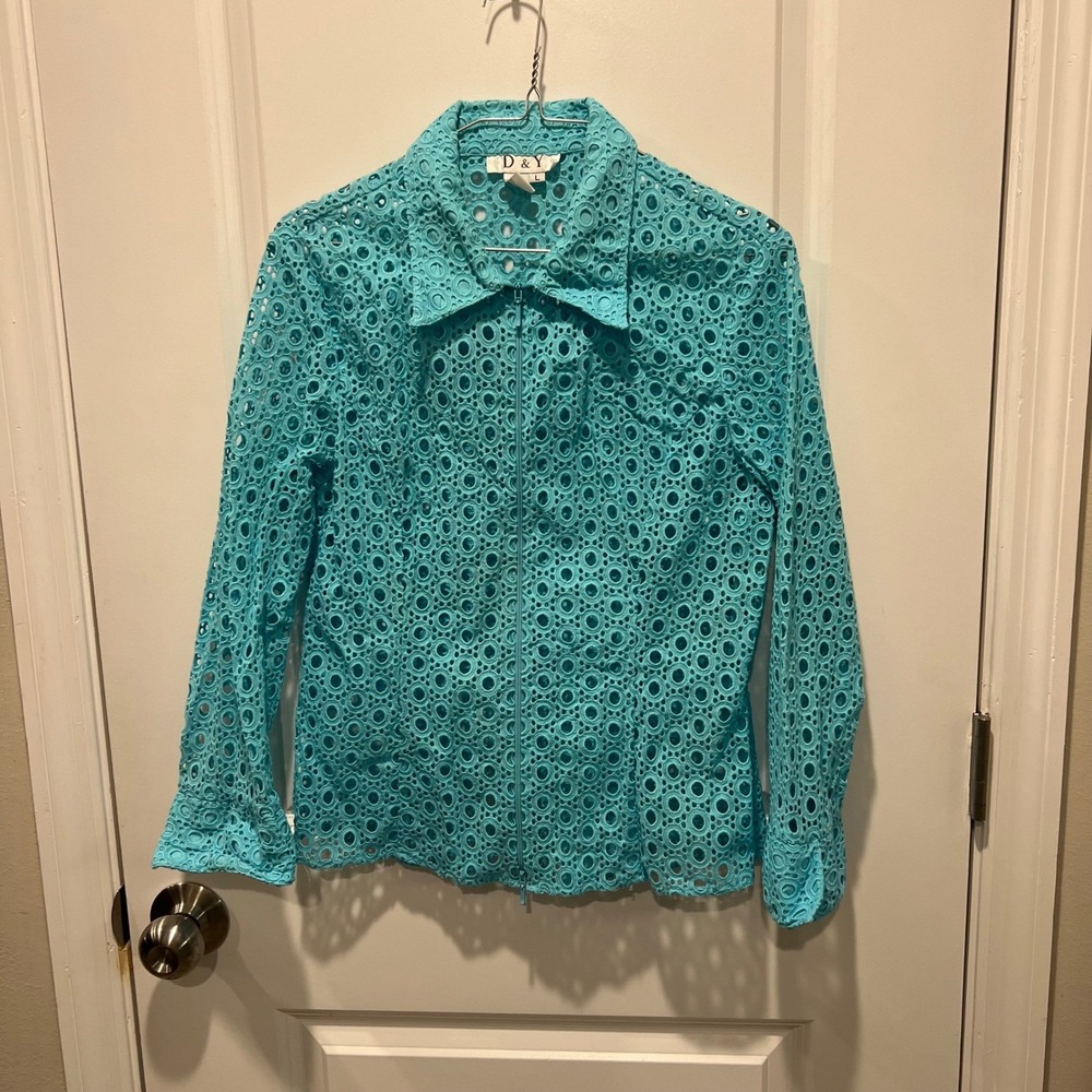 D & Y‎ Womens Zip Up Eyelet Shirt Cotton Geometric Turquoise Blue Size L